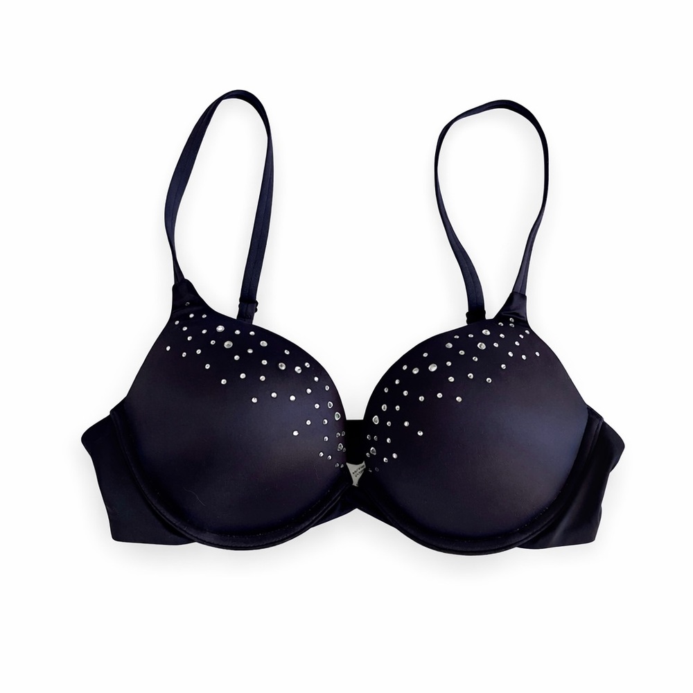 Maidenform Charcoal Push Up Underwire Bra Rhinestone Studded Glam Y2K